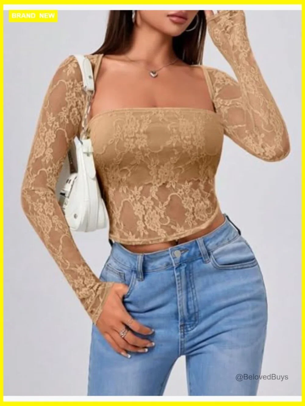 2 Piece Square Neck Crop Tops Set Long Sleeve Mesh Sheer Layering Tanks